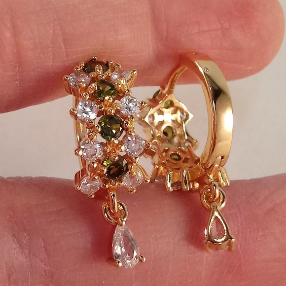 18K Yellow Gold Filled Olive Green Diamond Zircon Hoop Dangle Earrings - Picture 2 of 7